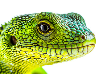 Fototapeta premium Vibrant green lizard showcasing intricate scales against white background