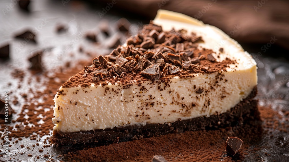 Poster Decadent cheesecake slice adorned with chocolate crumbs on a dark rustic surface showcasing culinary artistry Generative AI