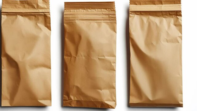 Brown paper bags arranged in a row showcasing their texture and design for packaging purposes