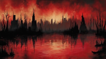 Fototapeta premium A darkened cityscape reflected in red water beneath the sky