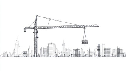 Architectural Crane on Cityscape - Construction Line Drawing