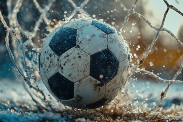 Soccer ball splashes through the net amidst water droplets at dusk during an intense match on a winter afternoon in an outdoor field