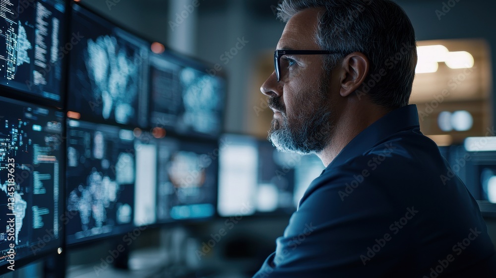 Poster a focused man analyzes data on multiple screens in a high-tech environment, showcasing modern techno