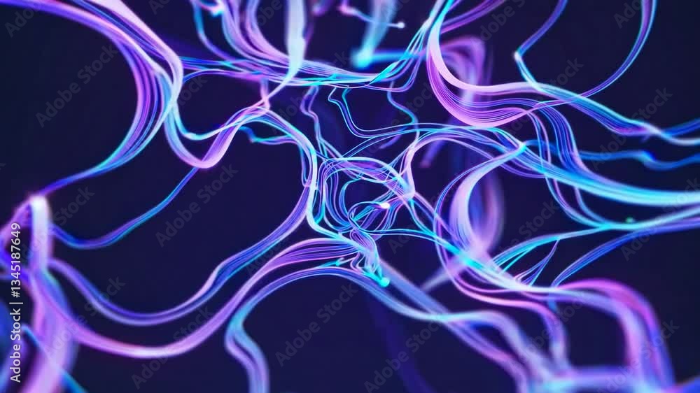 Poster bright neon lines intertwining and glowing, creating abstract and futuristic shapes against a dark b