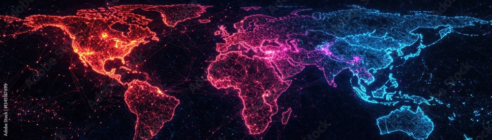 Poster a digital map of the world, illuminated with vibrant colors, showcasing a network of lights represen