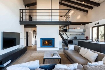 Modern living room with fireplace and loft, interior design