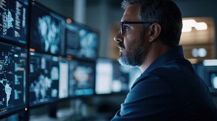 A focused man analyzes data on multiple screens in a high-tech environment, showcasing modern technology and digital insights.
