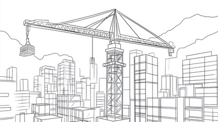 Crane over cityscape blueprint. Construction illustration