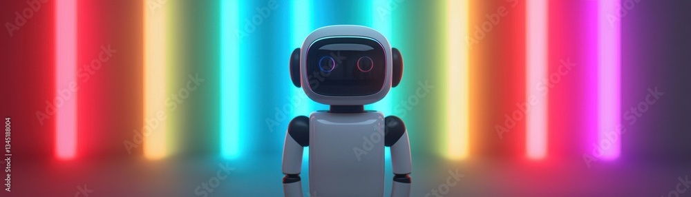 Poster a futuristic robot stands against a backdrop of vibrant neon lights, creating a visually striking co