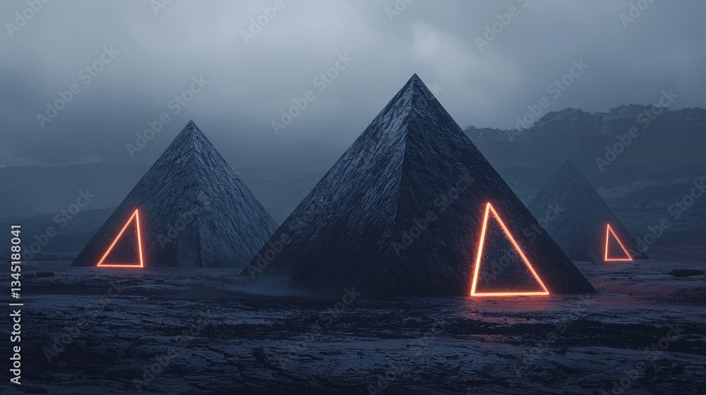 Poster a surreal landscape featuring three pyramids with glowing triangular openings, set against a moody, 