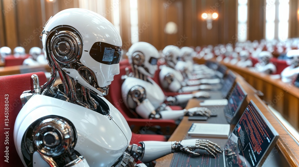 Poster robots engaged in advanced programming task in a futuristic conference room setting