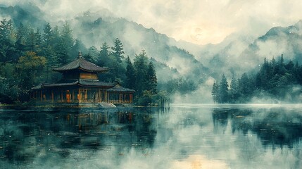 Fototapeta premium Misty Mountain Lake Temple