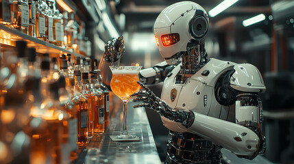 Fototapeta premium Futuristic Robotic Bartender: Revolutionizing the Beverage Industry with AI Mixology and Advanced Robo-Technology