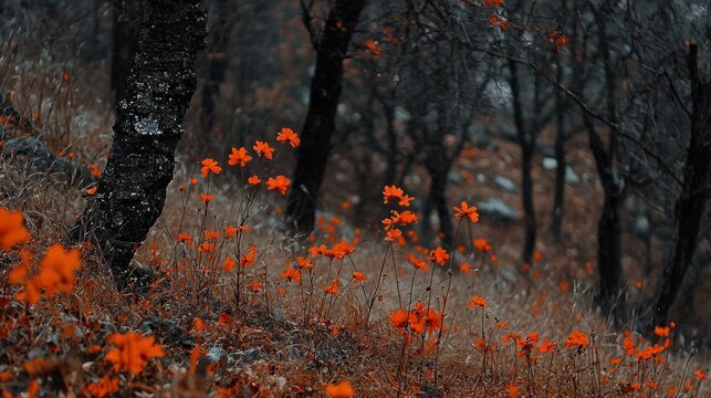 Orange flowers dot the woodland floor amongst muted trees, creating contrast