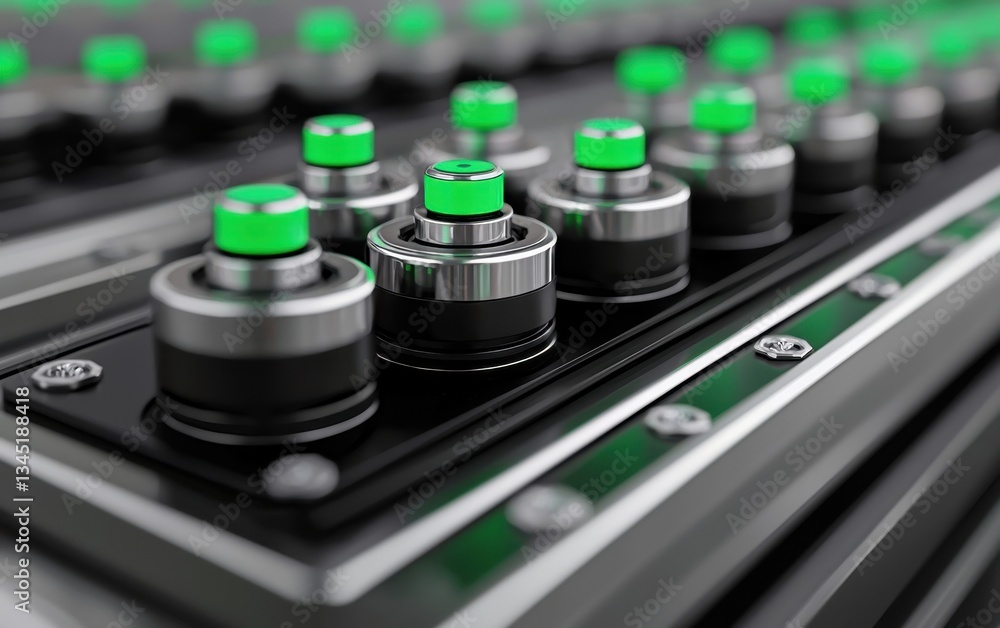 Poster a close-up view of metallic buttons with bright green indicators, showcasing a modern control panel 