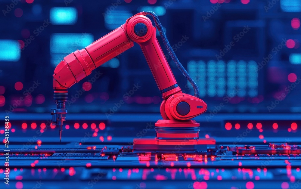 Poster a vibrant robotic arm is positioned on a high-tech surface, surrounded by glowing lights, showcasing