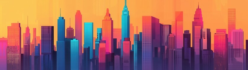 Fototapeta premium A vibrant, colorful skyline featuring iconic skyscrapers against a gradient sunset backdrop, showcasing urban architecture and city life.