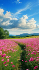 Fototapeta premium Vibrant display of pink flowers in a scenic natural field, perfect as a calming phone wallpaper or artistic background 