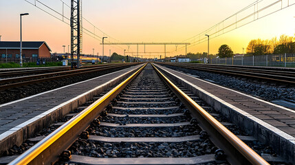 Perspective View Of Railroad Tracks Leading Towards Sunset Sky With Golden Light Showing Metallic Rails and Gravel in a Landscape