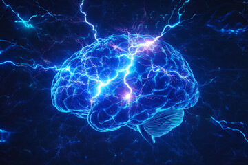 Obraz premium Human brain digital illustration. Electrical activity, flashes and lightning on a blue background. Digital Illustration of the Human Brain. 