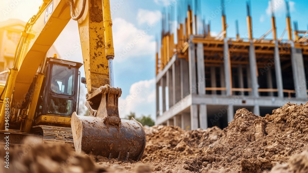 Poster a construction site featuring an excavator digging in the foreground, with a partially built structu