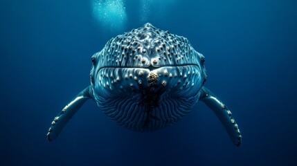A close-up front view of a whale in the ocean