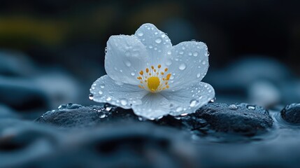 Delicate white flower, glistening with dew drops, rests on dark stones