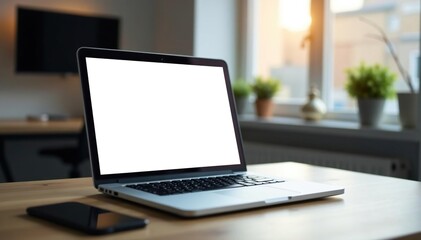 Fototapeta premium Window view from empty office, laptop showing blank webpage , stillness, screen, office space