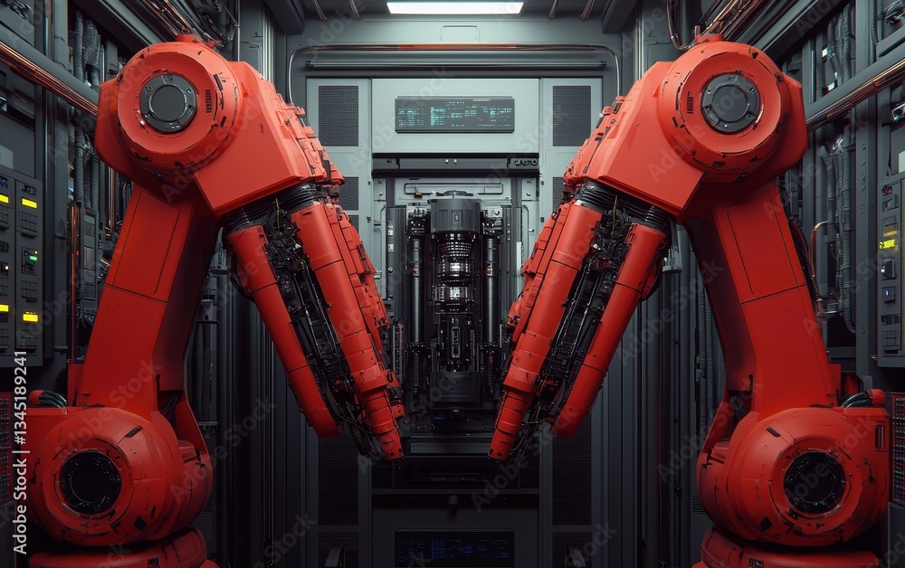 Poster two red robotic arms are positioned symmetrically in a high-tech environment, surrounded by machiner