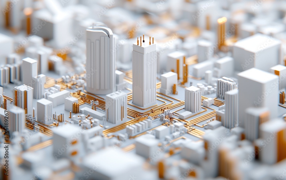 Poster a detailed 3d model of a cityscape with buildings and intricate circuit patterns, showcasing a blend