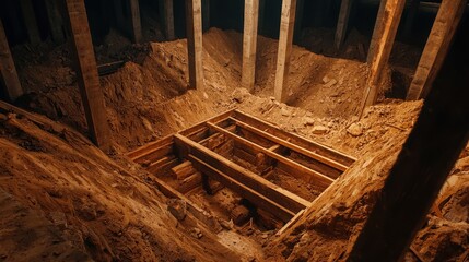 Obraz premium An underground site featuring wooden structures surrounded by earth, illuminated by soft lighting, showcasing a construction or excavation area.