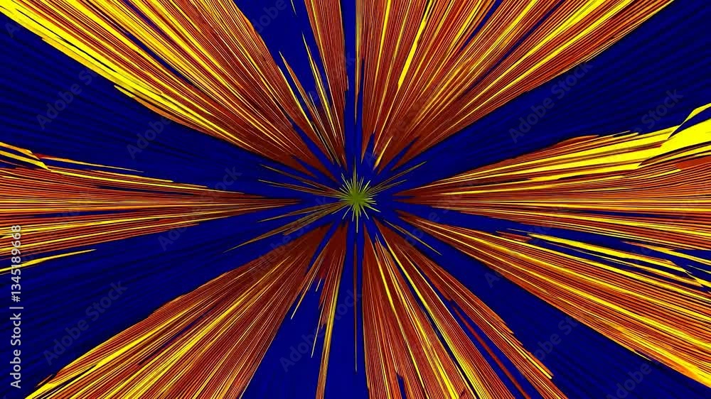 Poster radiating golden light rays expanding from a central point, creating a vibrant and dynamic illustrat