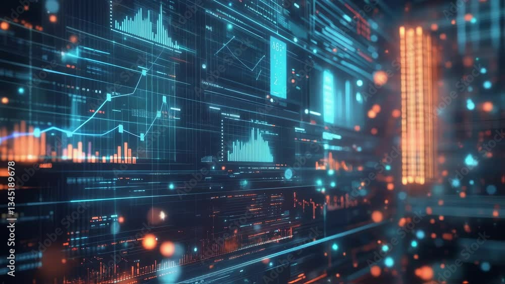 Poster complex data analysis processing involving futuristic head up display interface with changing graphs