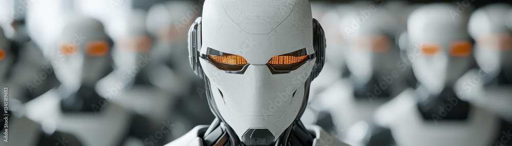 Poster a row of humanoid robots with metallic features and glowing eyes, showcasing advanced technology and