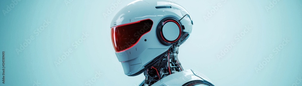 Poster a futuristic robot head with a sleek design and a visor, showcasing advanced technology and a mechan
