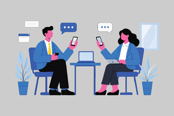 A man and woman wearing a mask working with a laptop This vector illustration depicts a professional business discussion between a man and a woman seated at a modern office table. 