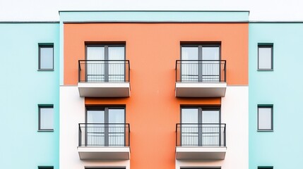Fototapeta premium Modern building facade featuring colorful sections and balconies, highlighting contemporary architectural design.
