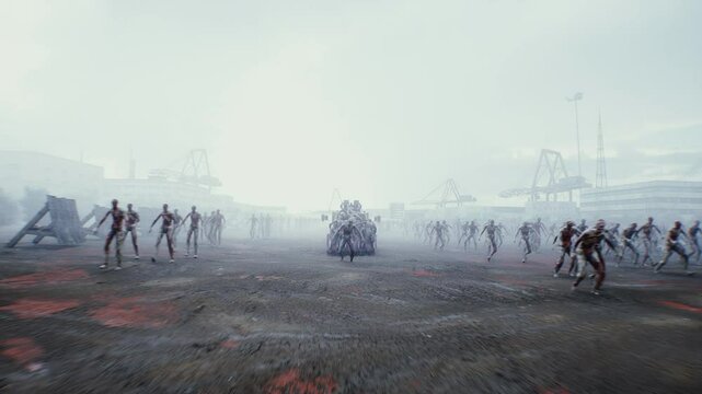zombie car drives and hits zombies. Apocalyptic concept.