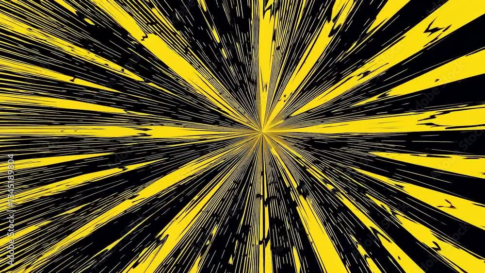 Poster black and yellow rays are expanding from the center creating a vibrant and dynamic sunburst pattern,