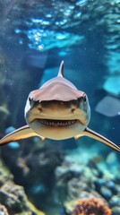 A close-up front view of a shark in the ocean