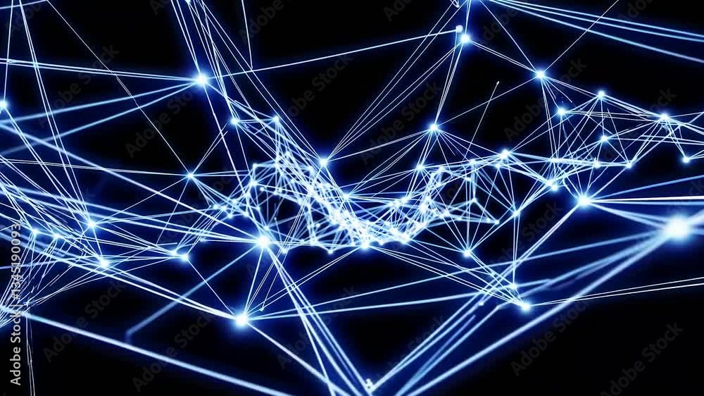 Poster glowing blue lines and dots forming a plexus represent connections, network, technology, and innovat