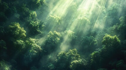 Fototapeta premium Sunlight Streaming Through Lush Green Canopy in Serene Forest Landscape