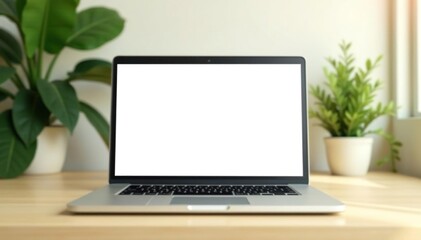 Fototapeta premium Blank screen laptop, plant, bright room, alone , technology, home office, screen