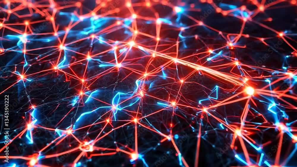 Poster exploration of glowing neural networks and interconnected pathways in dark space