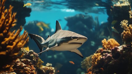A close-up front view of a shark in the ocean