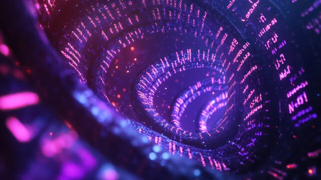 Abstract composition of genetic code made up of glowing letters and a swirling DNA strand in the background 