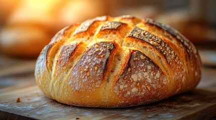 Fototapeta premium Freshly baked artisan loaf on wooden board