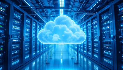 Futuristic data center showcasing cloud technology with digital connections and server racks illuminated in blue tones.