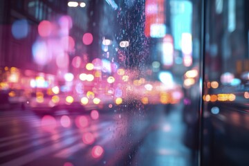 Abstract city lights bokeh effect reflection on a window with raindrops, vibrant colorful urban night scene, motion blur.