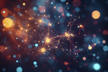 Abstract Network Connection with Glowing Nodes and Lines on Dark Blue Bokeh Background